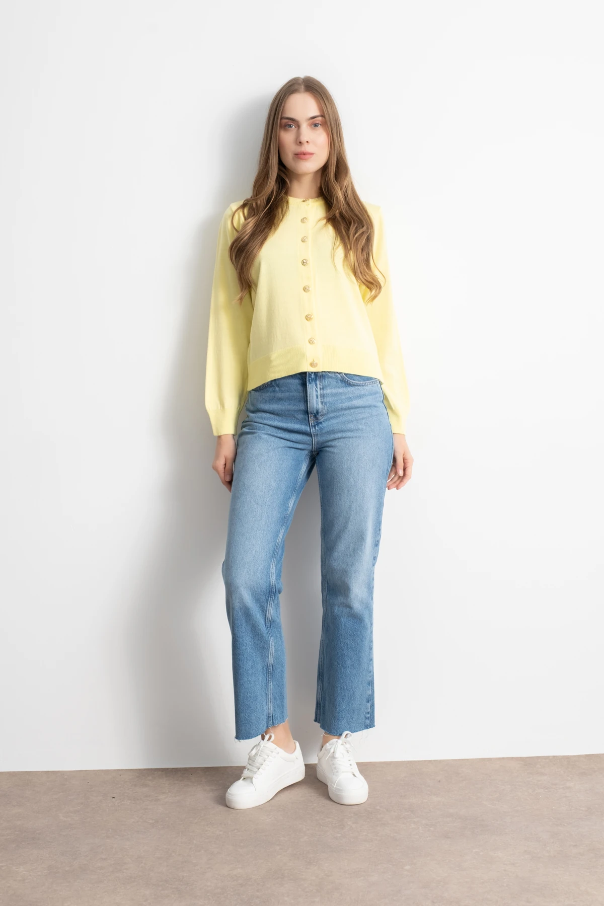 Kadın Gold Düğmeli Basic Triko Hırka - Sarı image