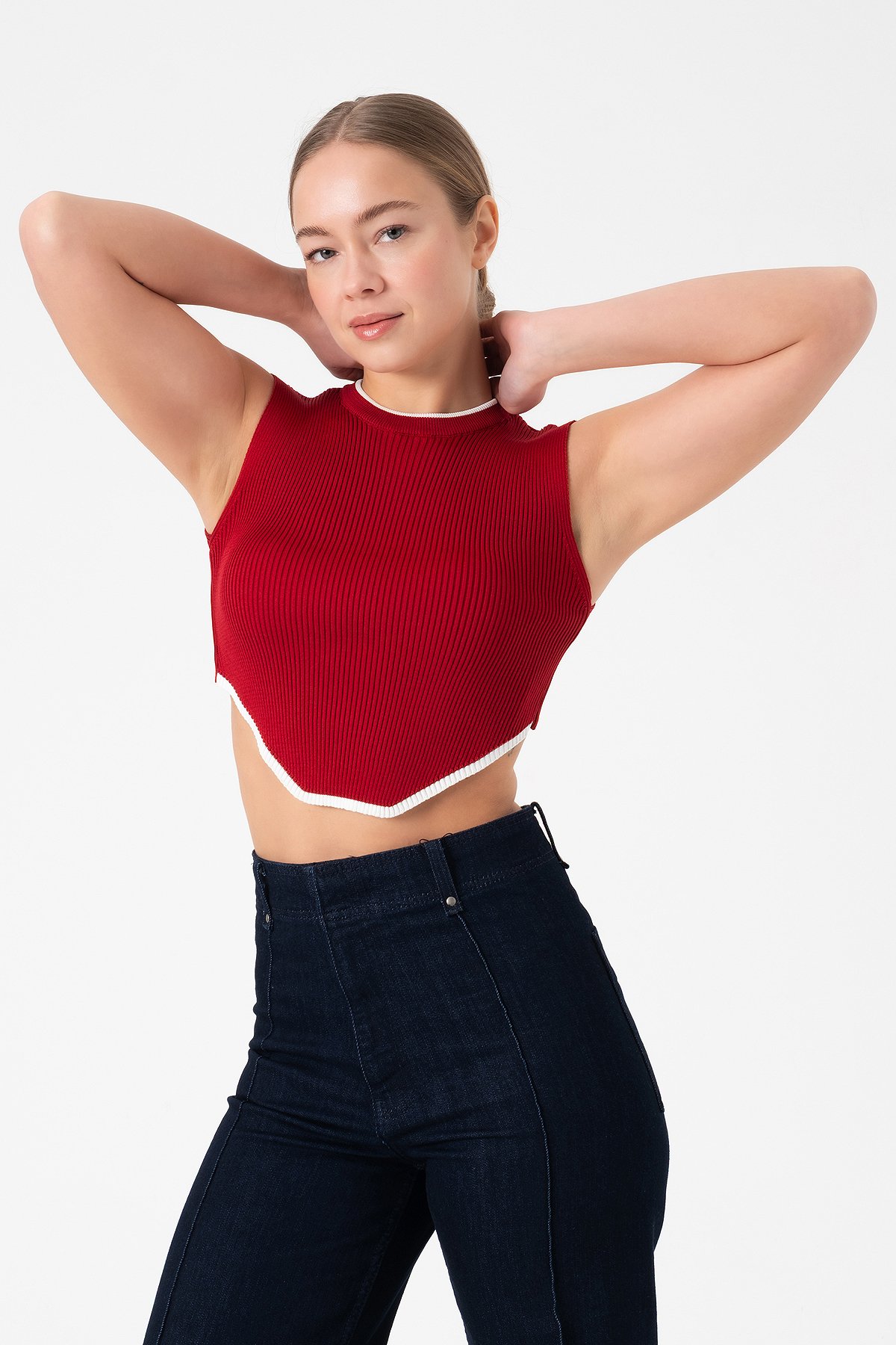 Kolsuz Triko Crop Bluz - Kırmızı