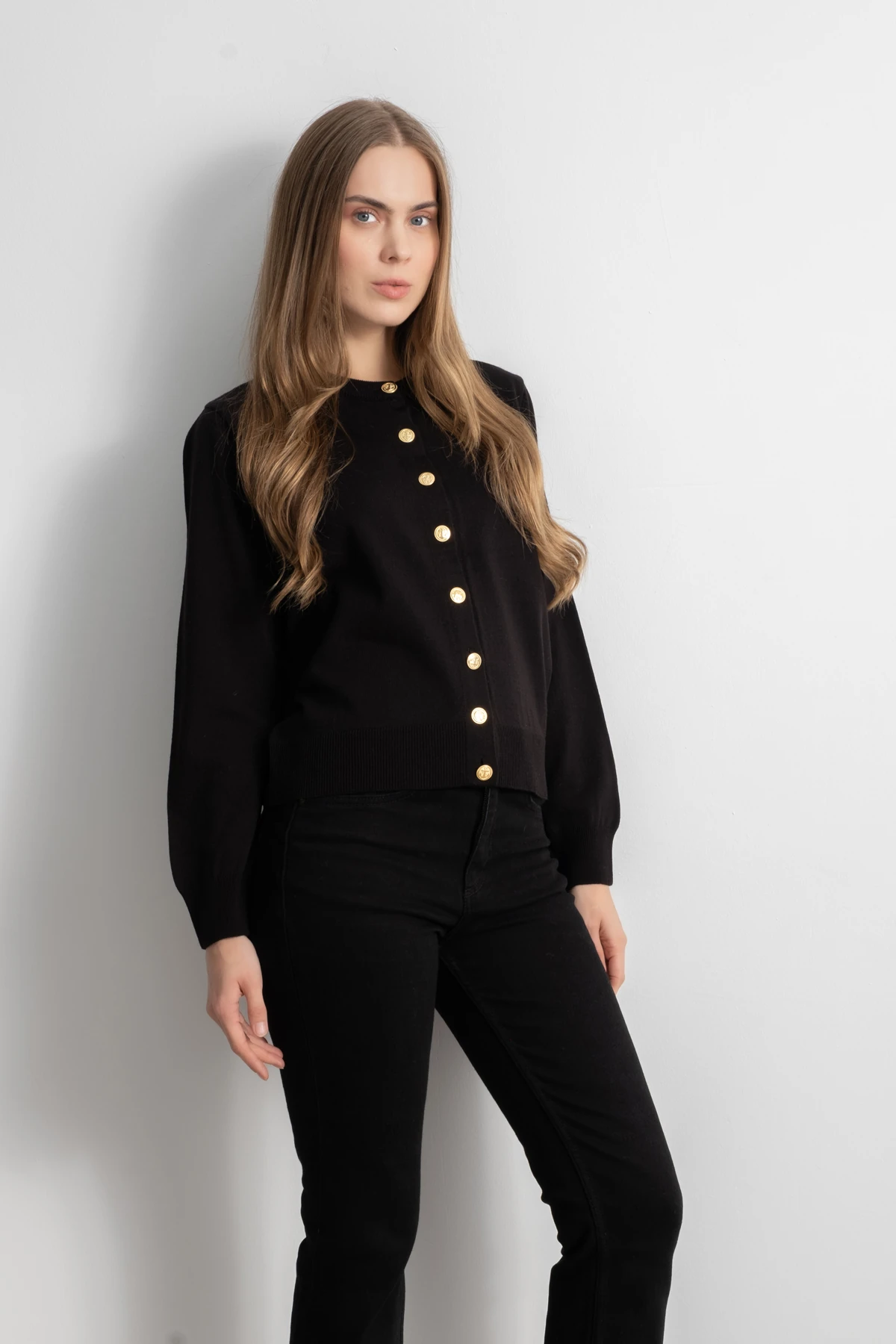 Kadın Gold Düğmeli Basic Triko Hırka