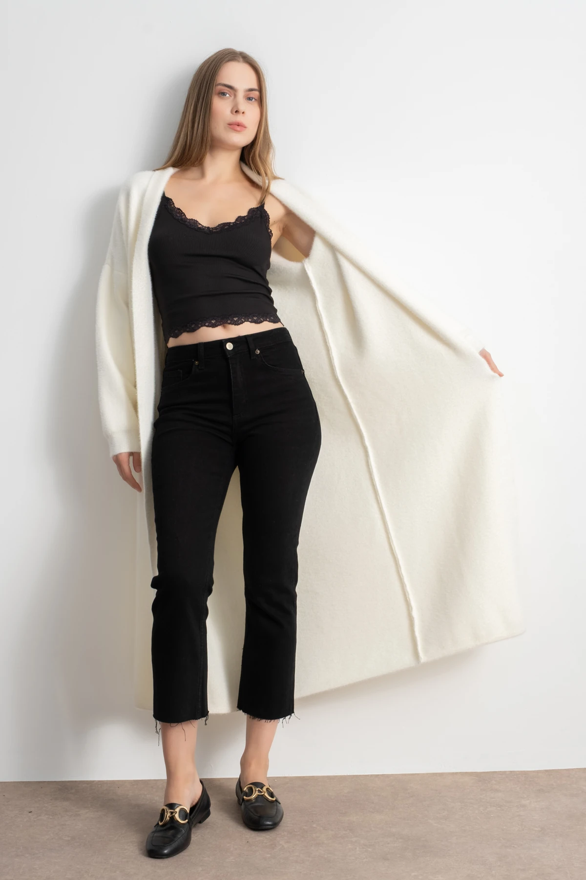 Kadın Şal Yaka Yumuşak Dokulu Uzun Triko Hırka