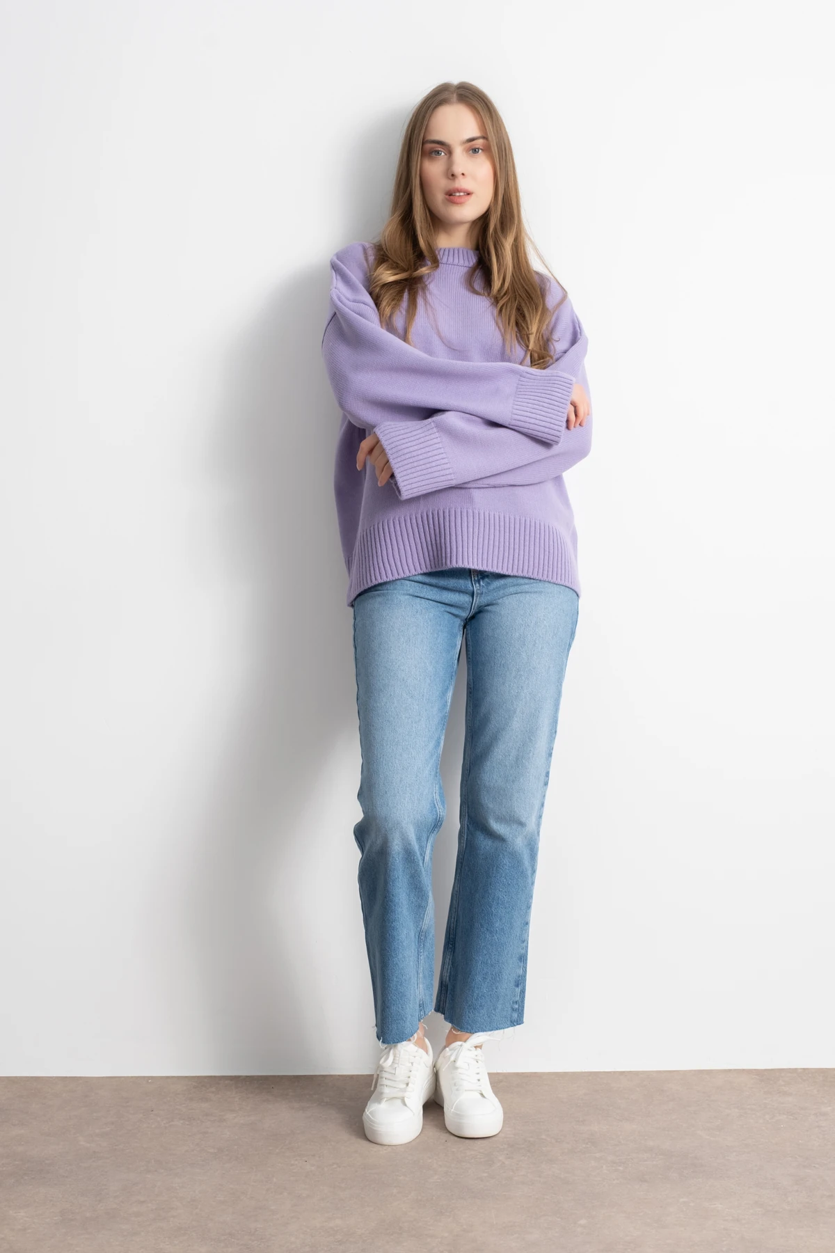 Kadın Oversize Basic Triko Kazak - Lila image
