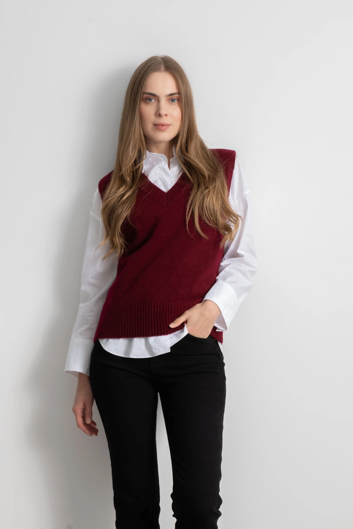 Kadın Tek Plaka V Yaka Yün Triko Süveter image