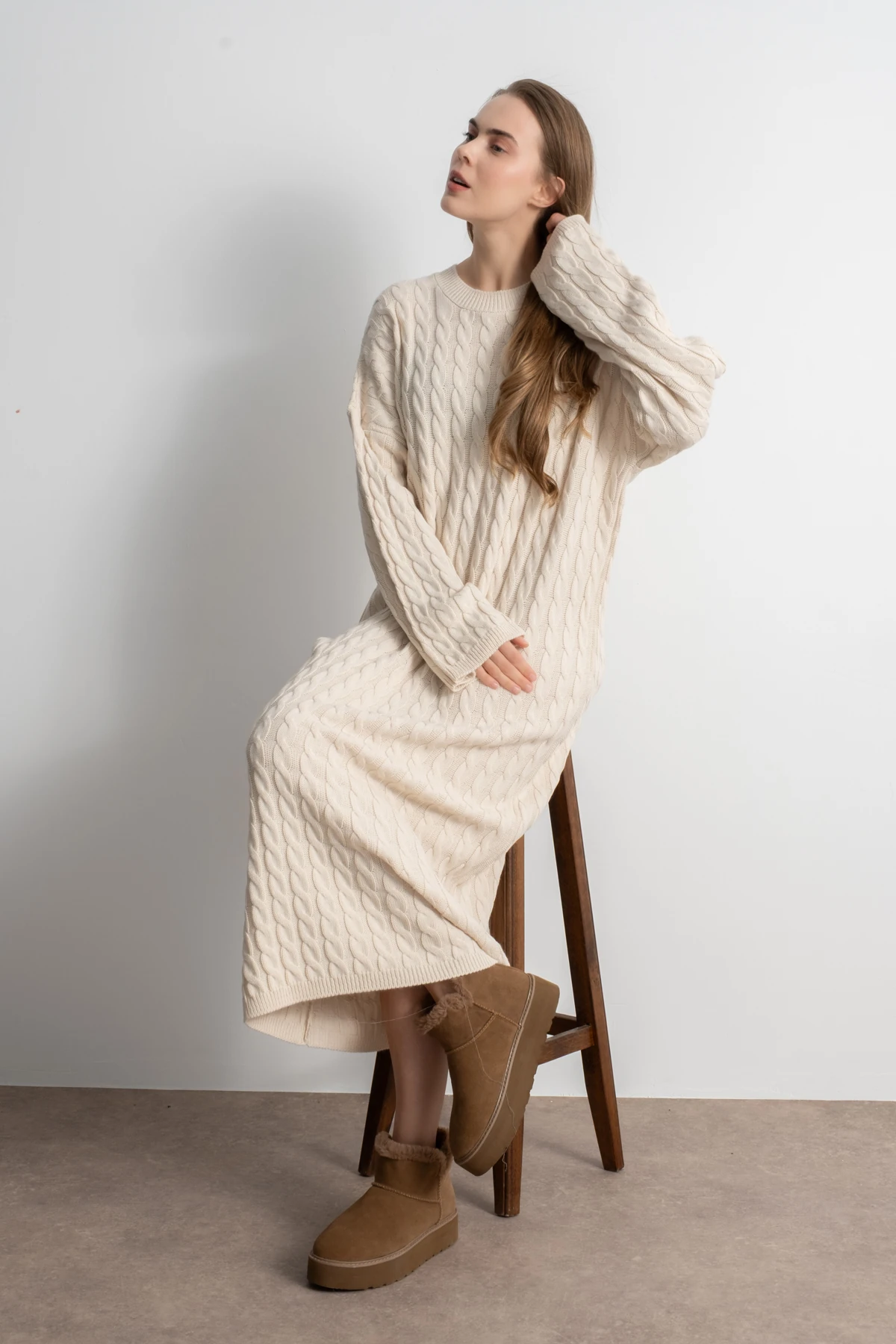 Kadın Triko Saç Örgü Uzun Elbise