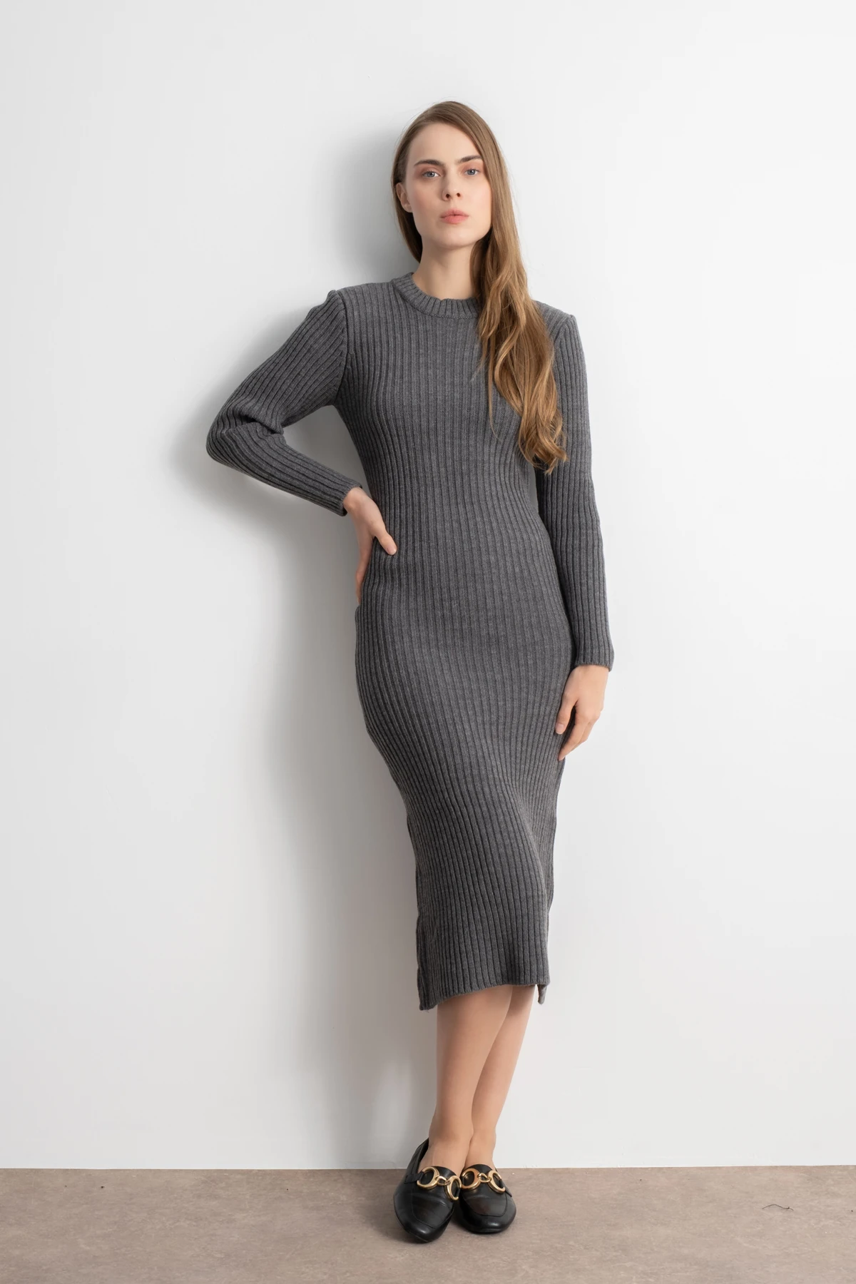 Kadın Fitilli Triko Elbise - Gri image