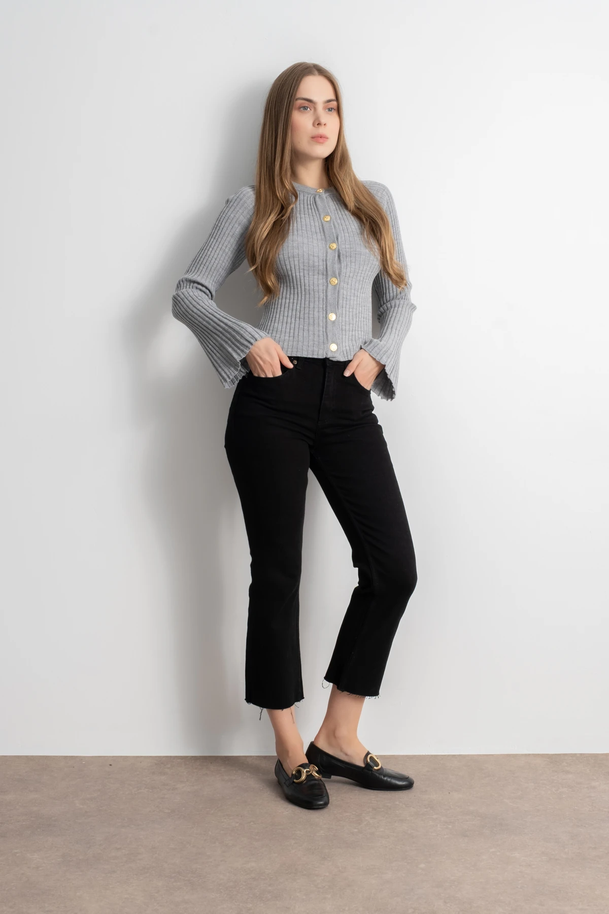 Bisiklet Yaka Düğmeli İspanyol Kol Triko Hırka