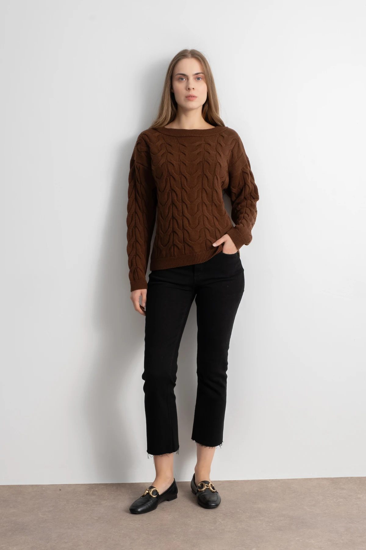 Kadın Saç Örgü Triko Kazak - Kahverengi image