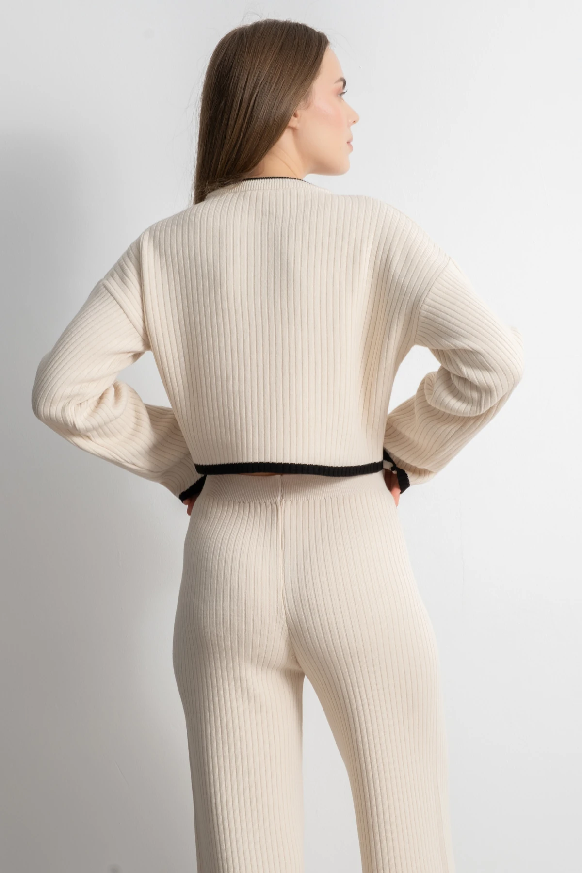 Kadın Çizgili Crop Triko Takım