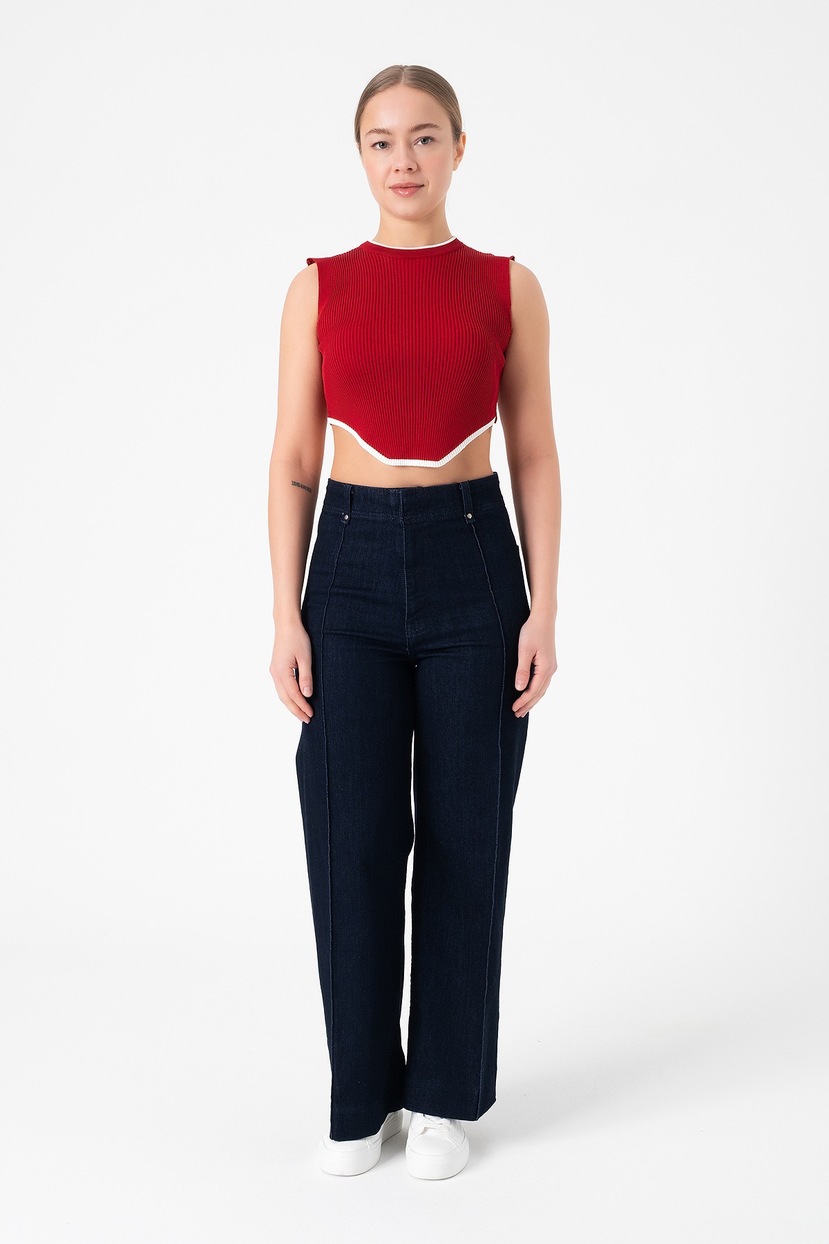 Kolsuz Triko Crop Bluz - Kırmızı