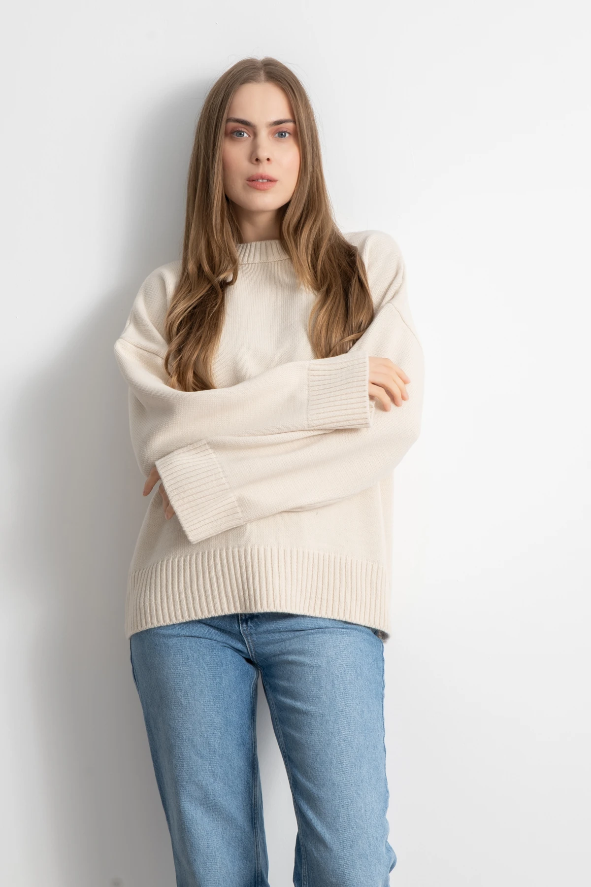 Kadın Oversize Basic Triko Kazak - Krem image