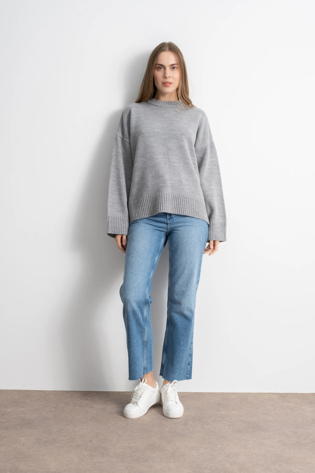 Kadın Oversize Basic Triko Kazak - Gri image