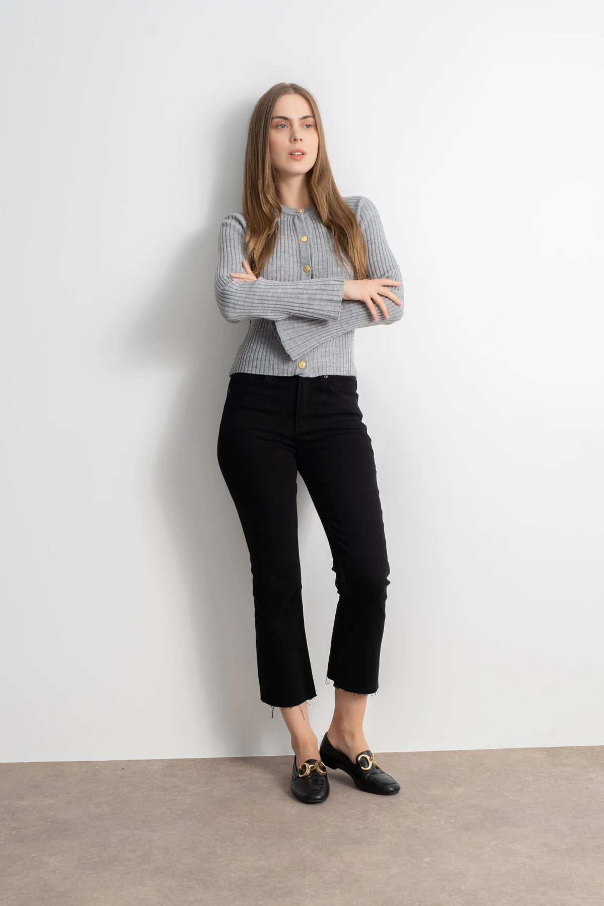 Bisiklet Yaka Düğmeli İspanyol Kol Triko Hırka