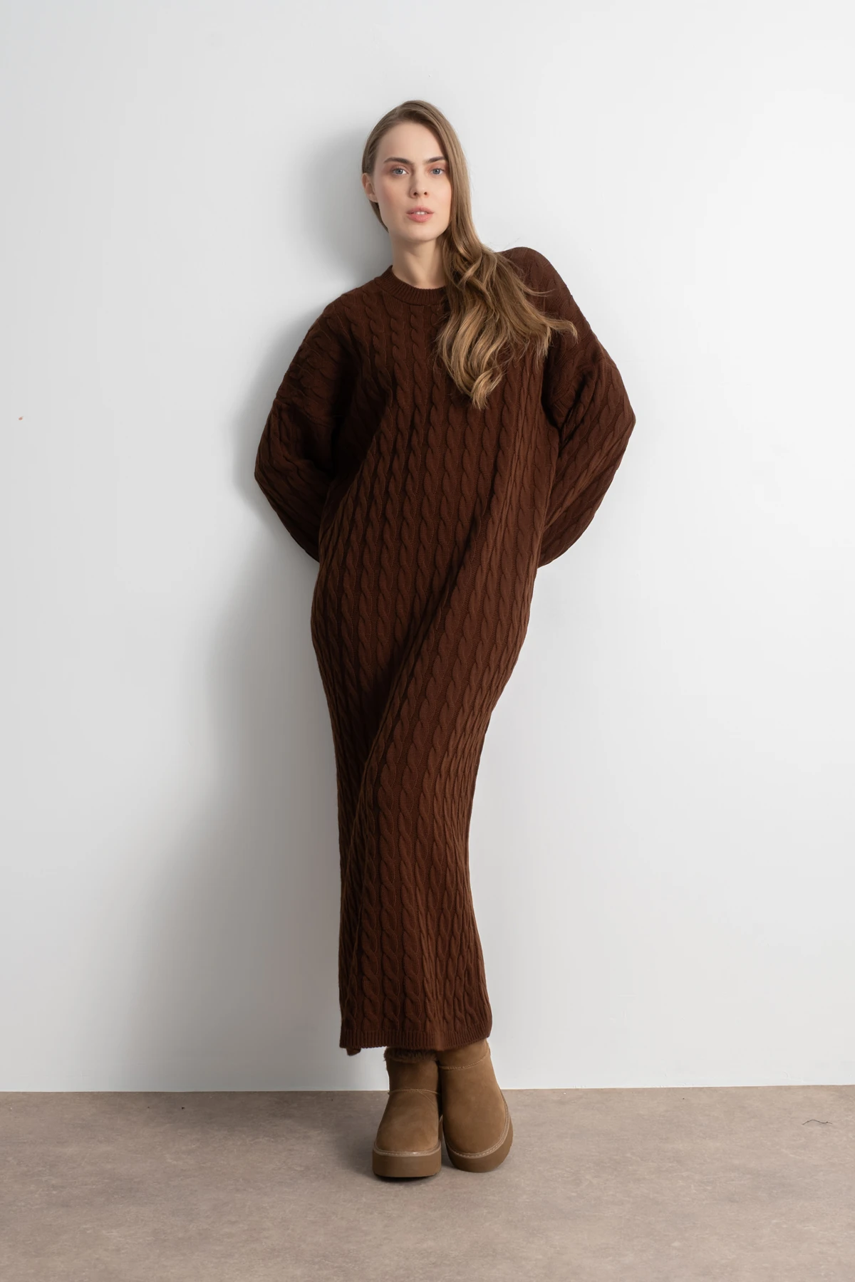 Kadın Triko Saç Örgü Uzun Elbise image