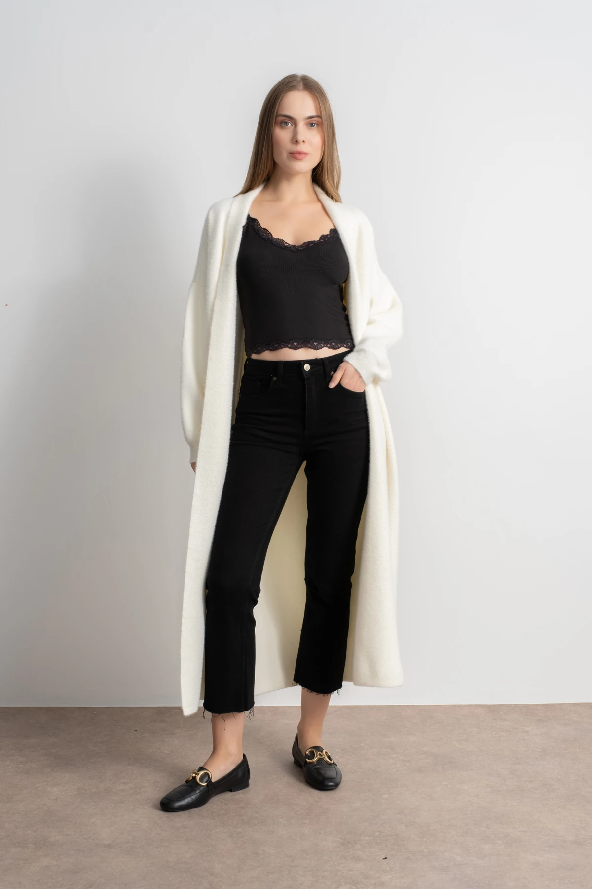 Kadın Şal Yaka Yumuşak Dokulu Uzun Triko Hırka - Ekru image