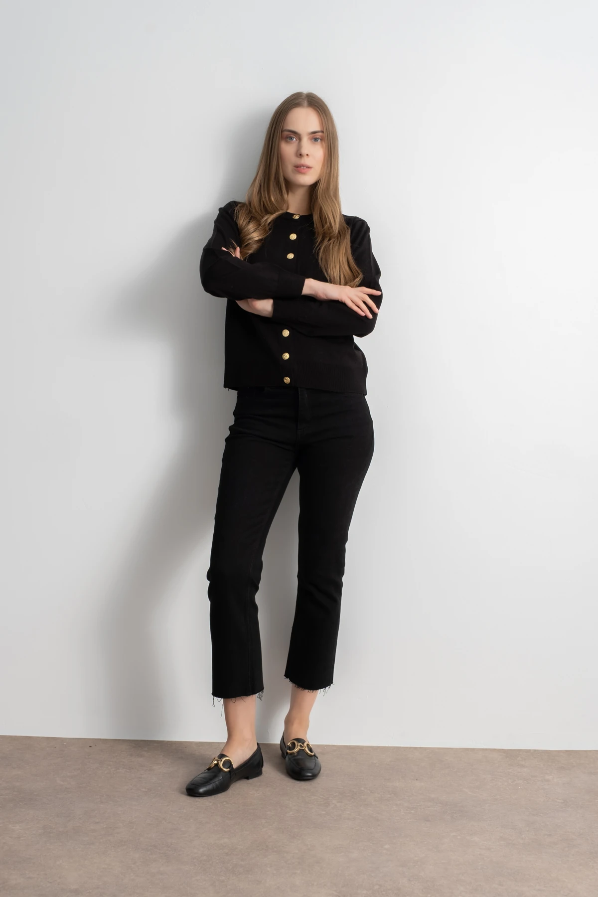 Kadın Gold Düğmeli Basic Triko Hırka