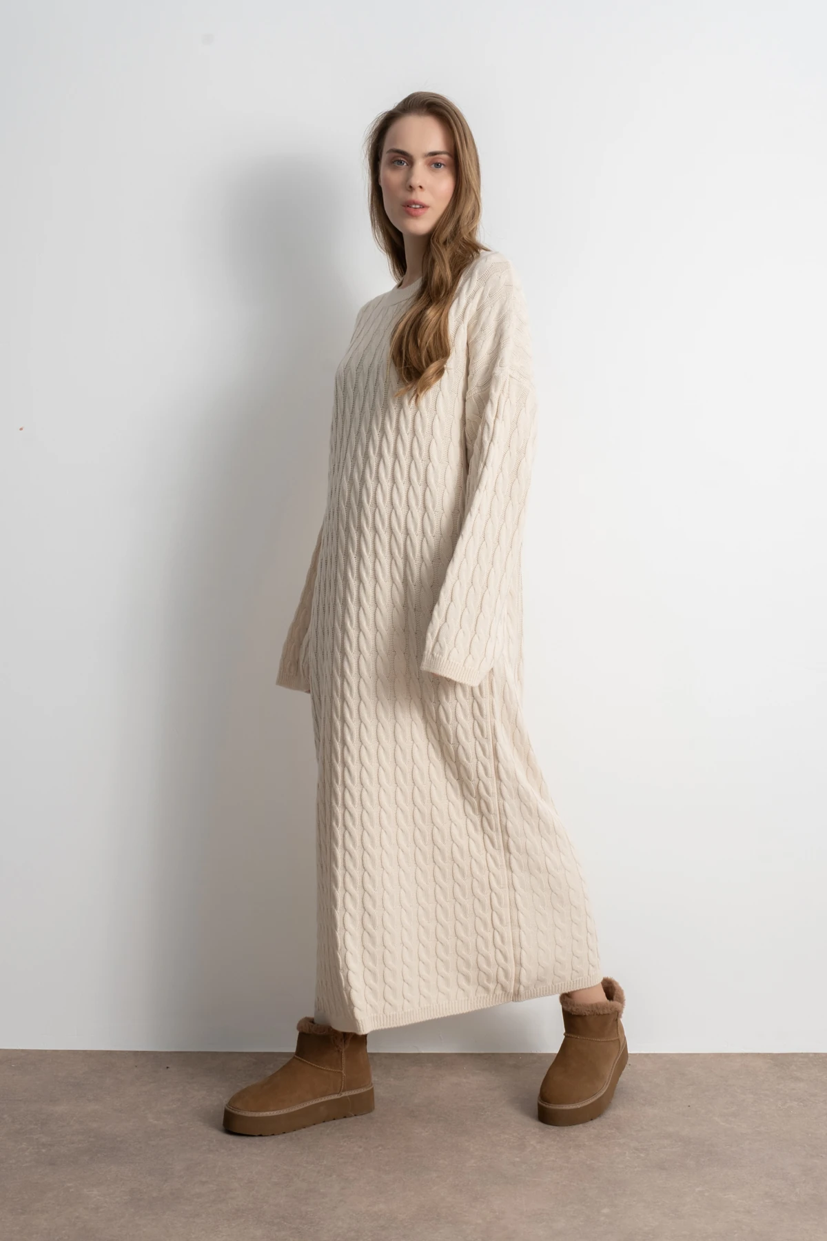 Kadın Triko Saç Örgü Uzun Elbise