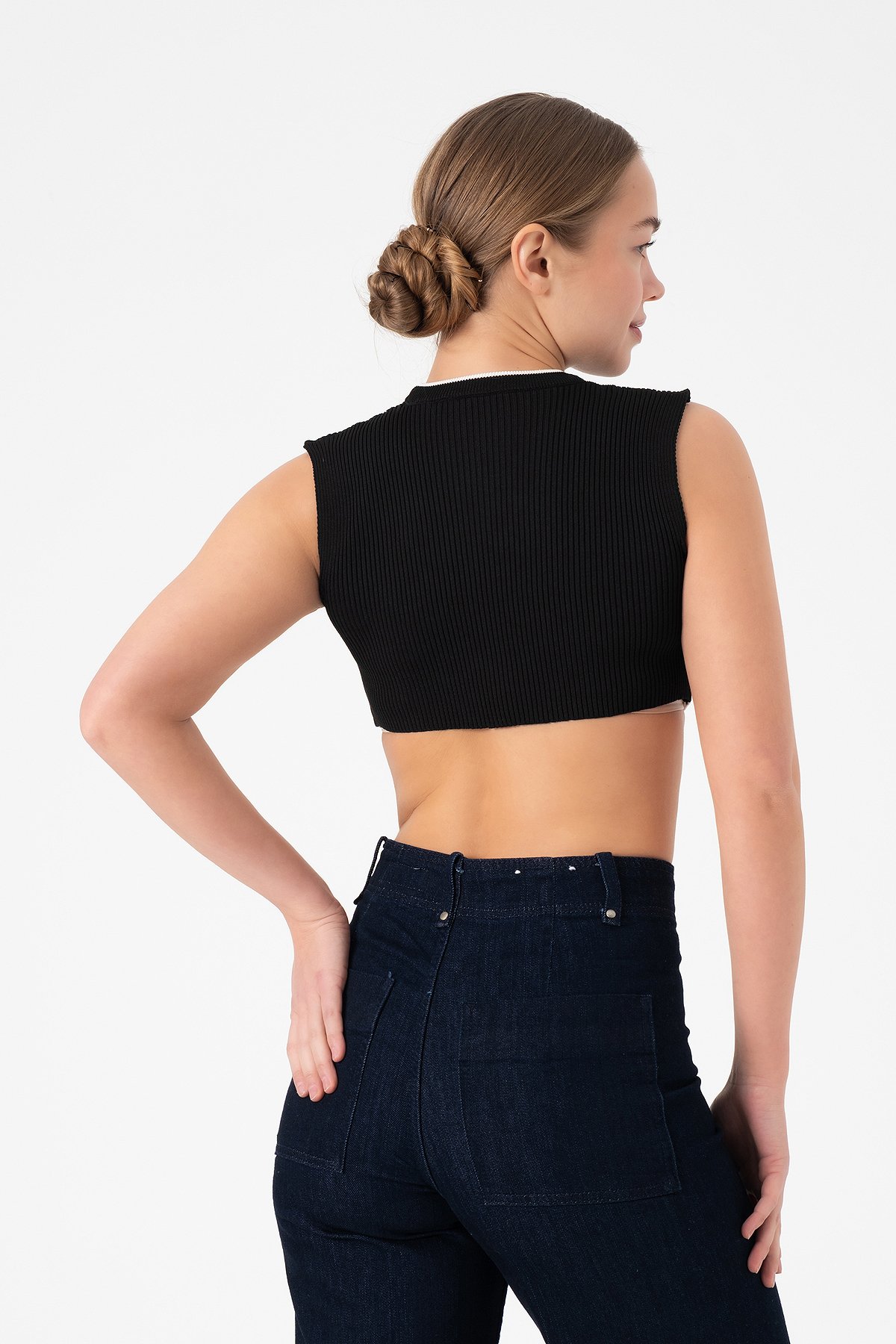 Kolsuz Triko Crop Bluz - Siyah