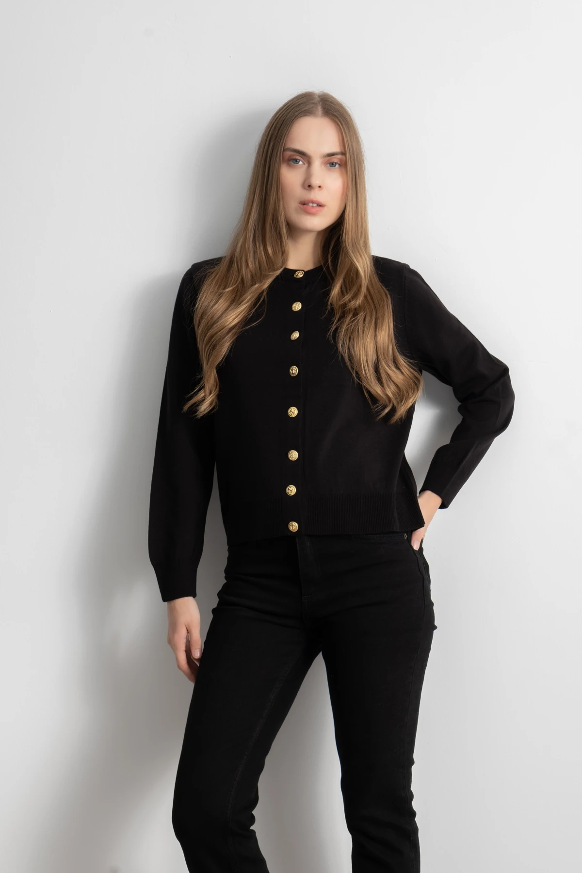 Kadın Gold Düğmeli Basic Triko Hırka