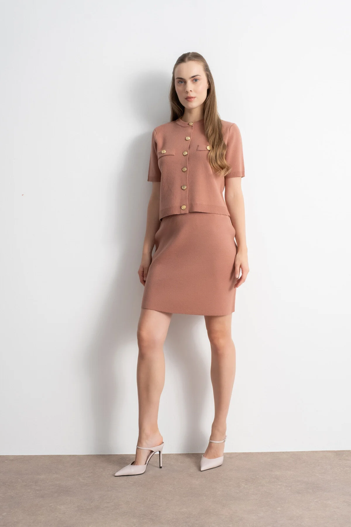 Gold Düğmeli Triko Etek Bluz Takım - Gül Kurusu main variant image