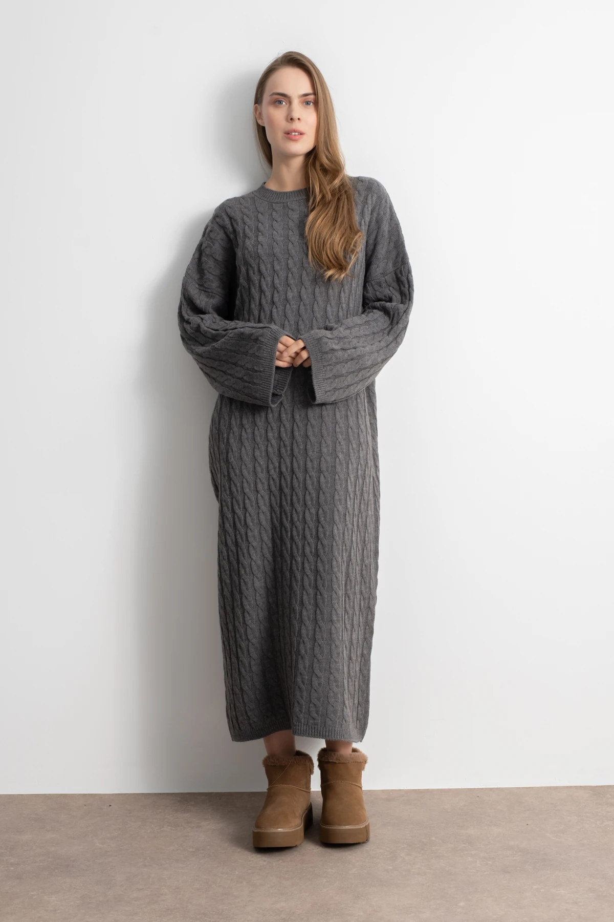 Kadın Triko Saç Örgü Uzun Elbise - Gri image