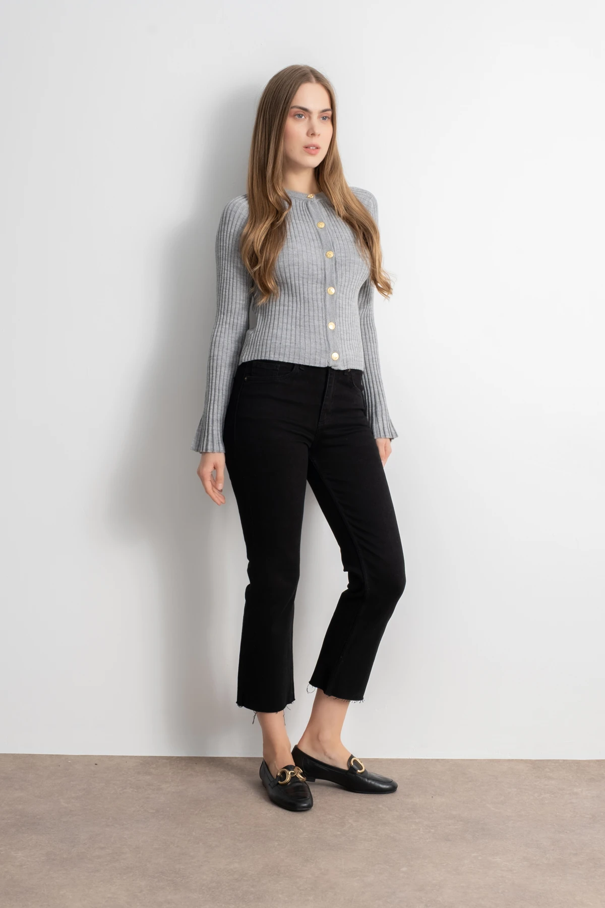 Bisiklet Yaka Düğmeli İspanyol Kol Triko Hırka