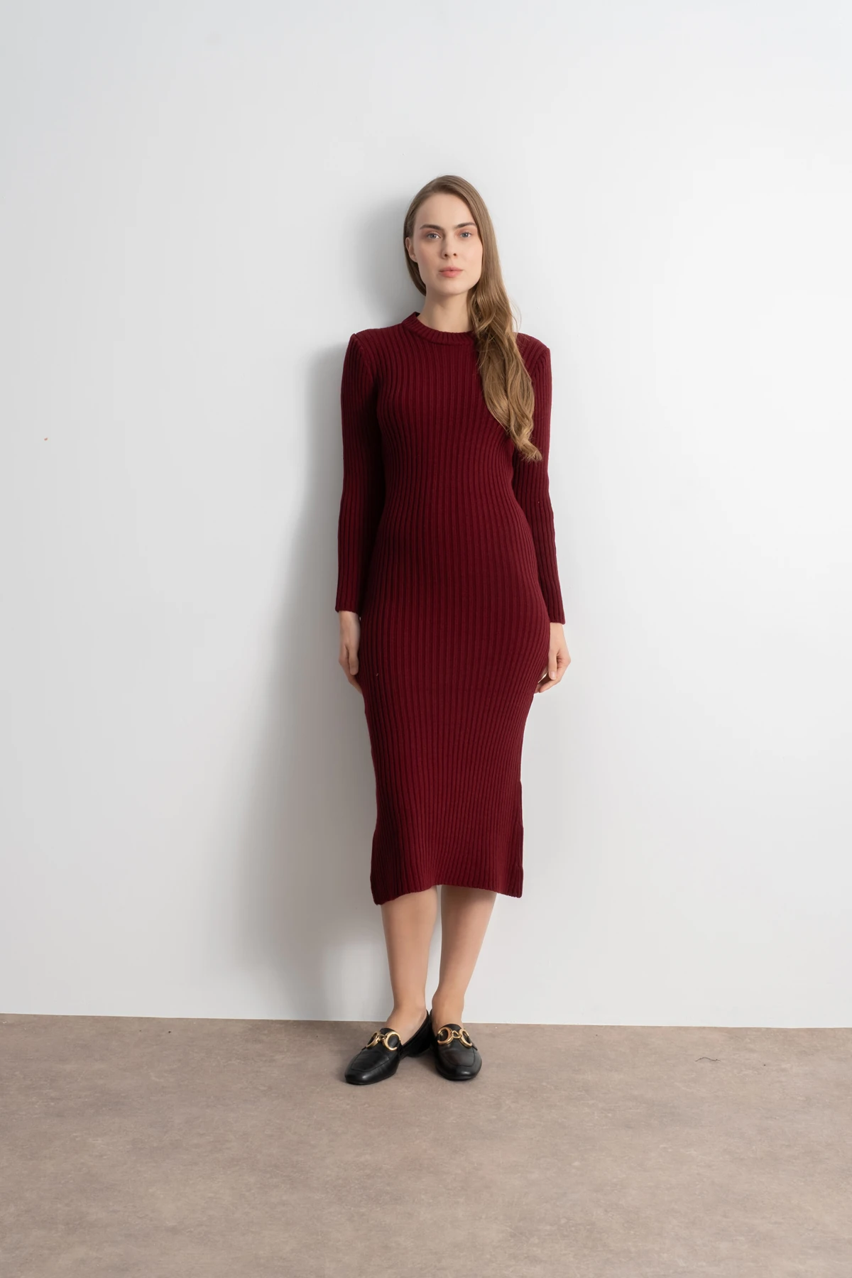 Kadın Fitilli Triko Elbise - Bordo image