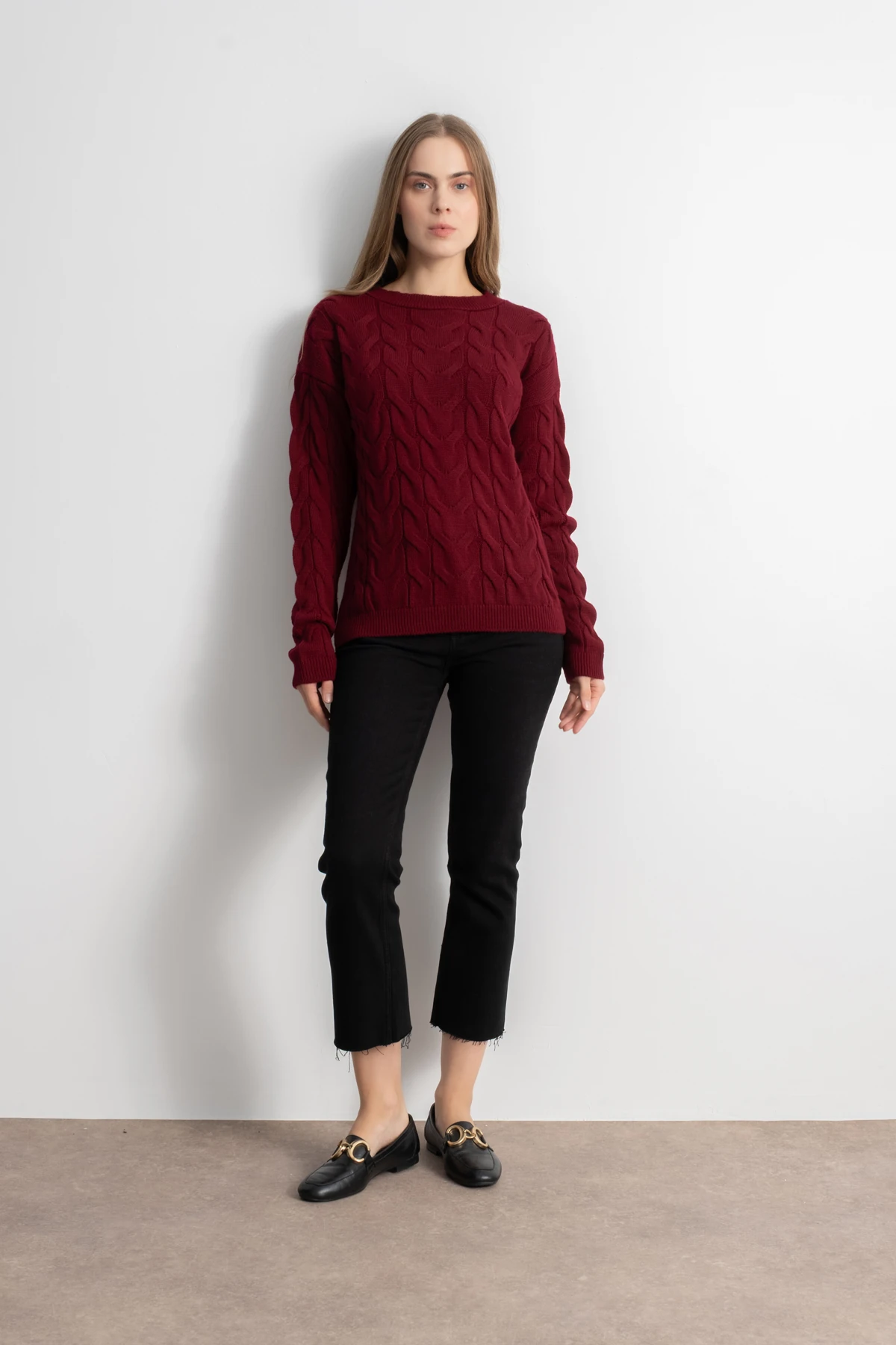 Kadın Saç Örgü Triko Kazak - Bordo image