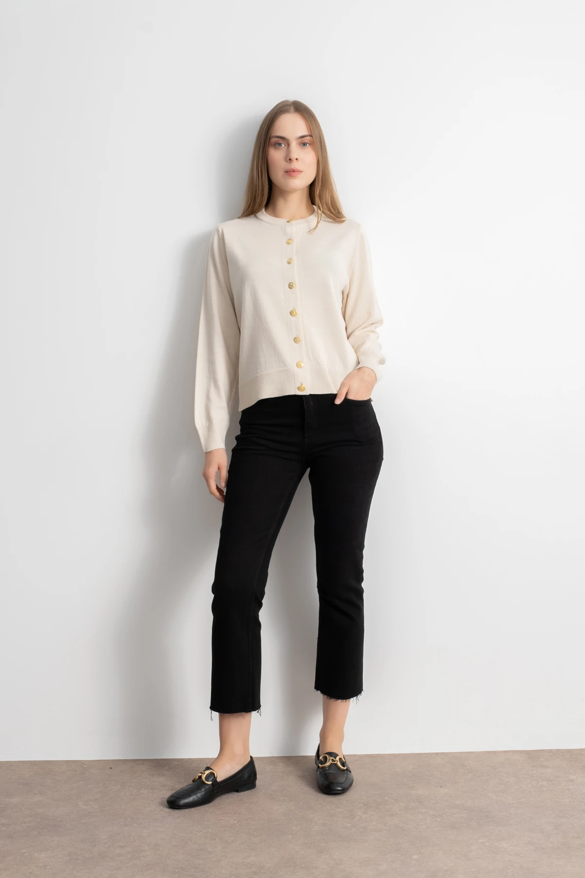 Kadın Gold Düğmeli Basic Triko Hırka - Krem image