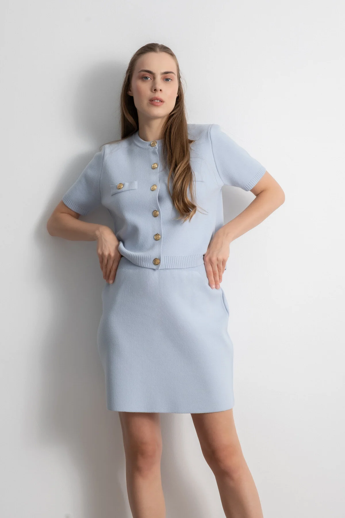 Gold Düğmeli Triko Etek Bluz Takım - Bebe Mavisi main variant image