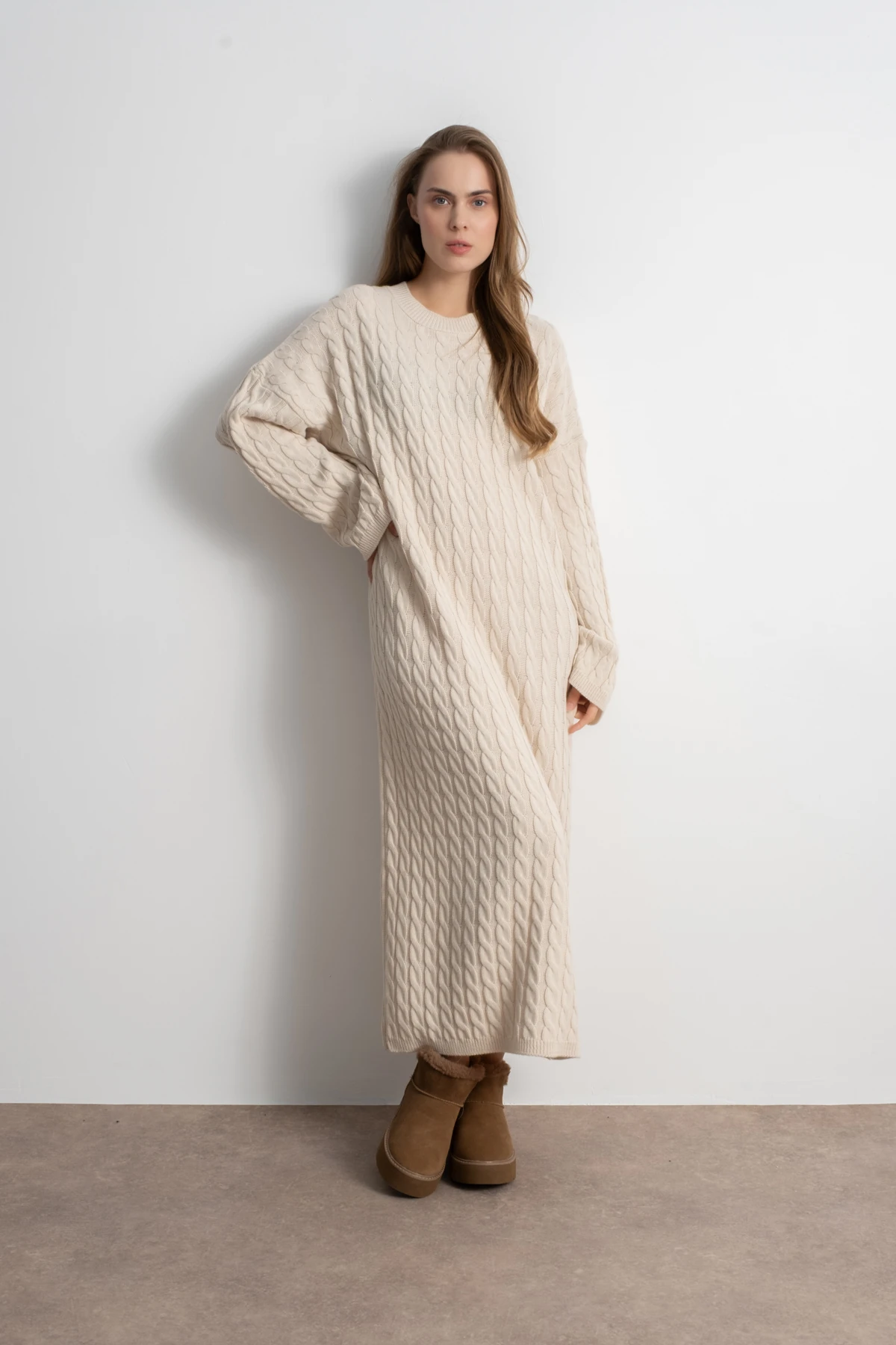 Kadın Triko Saç Örgü Uzun Elbise