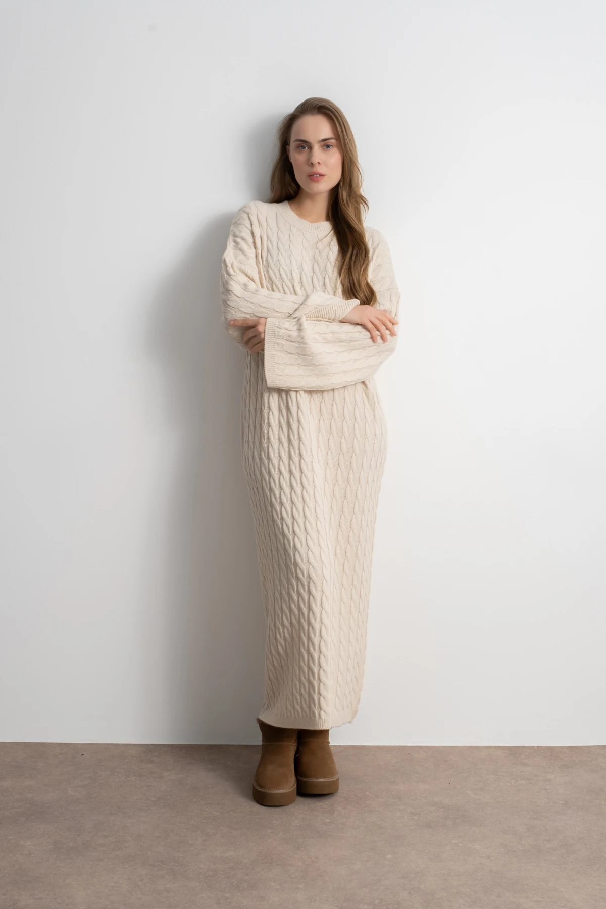 Kadın Triko Saç Örgü Uzun Elbise