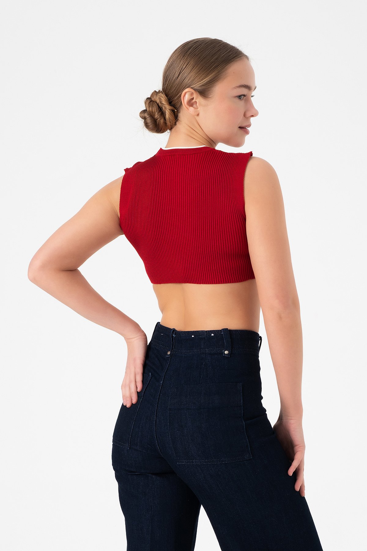 Kolsuz Triko Crop Bluz - Kırmızı