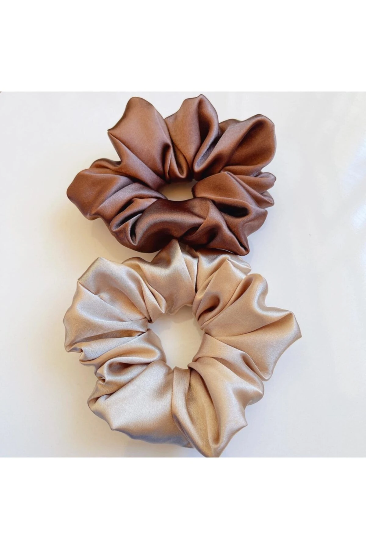 Saten Lastikli Toka / 2’li Set/ Kahve-bej