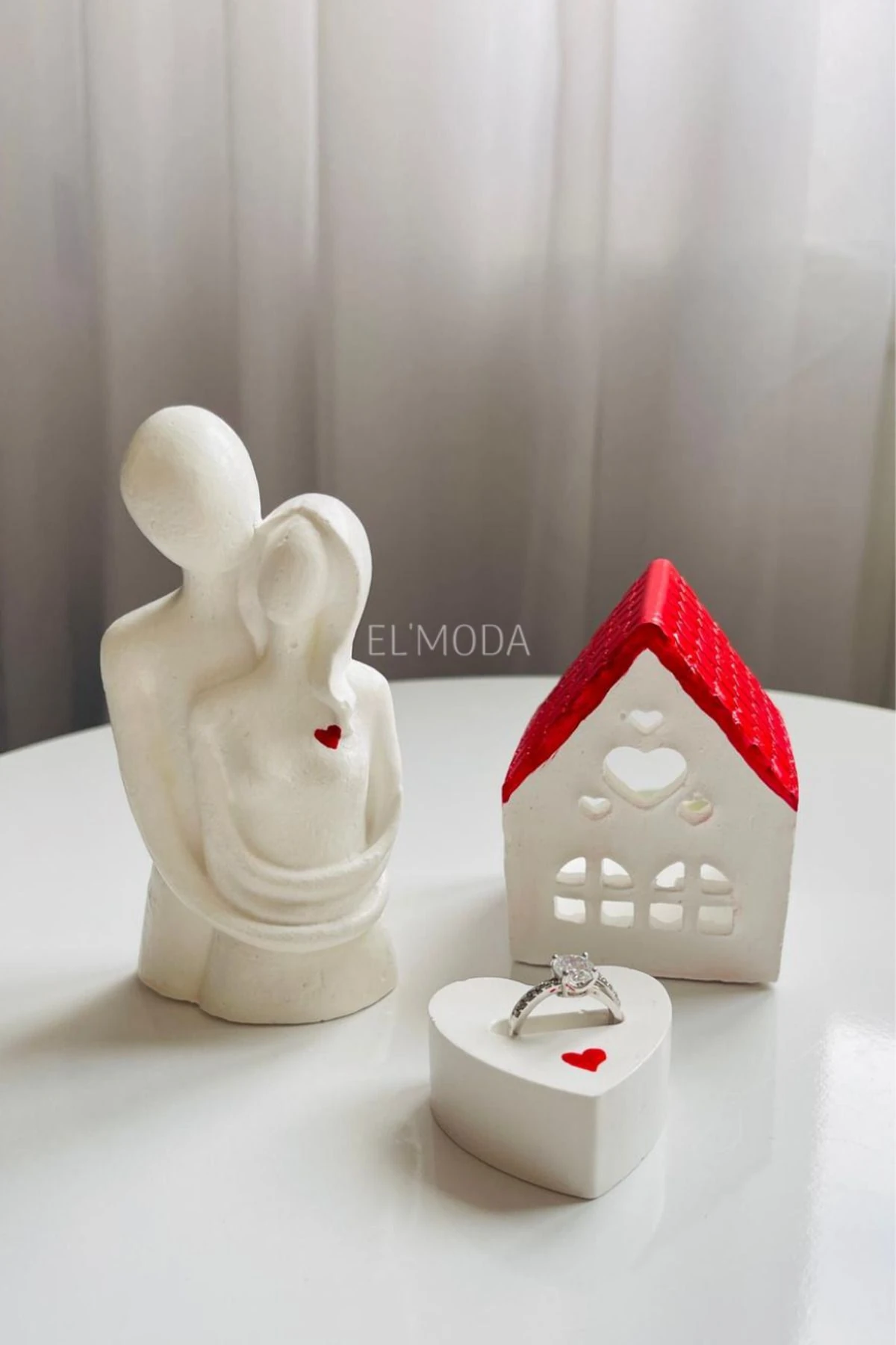 Romantik Sevgililer Günü Hediye Seti-Kalp Detaylı Sevgili Biblo, Aşk Evi Mumluk, Kalpli Yüzük Tutucu
