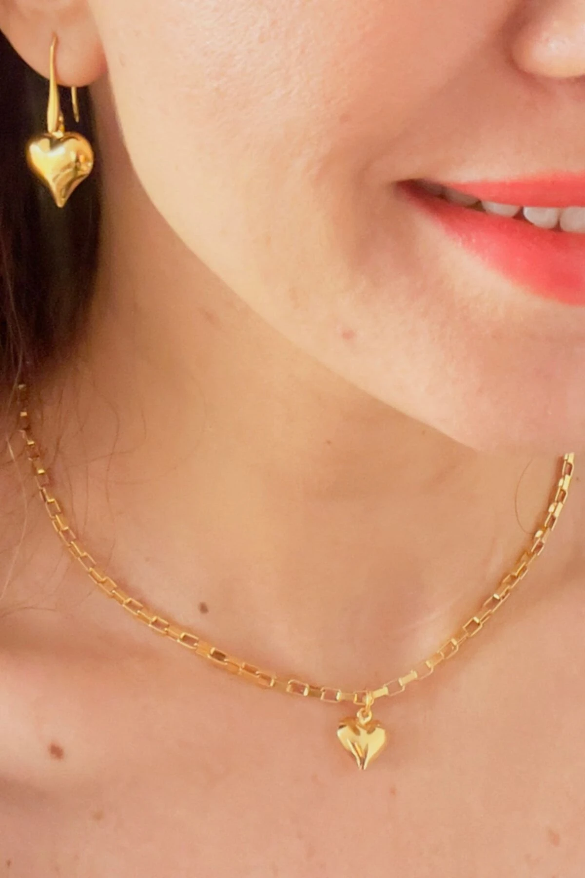 Altın Kaplama Kalpli Kolye Bileklik Küpe Takımı