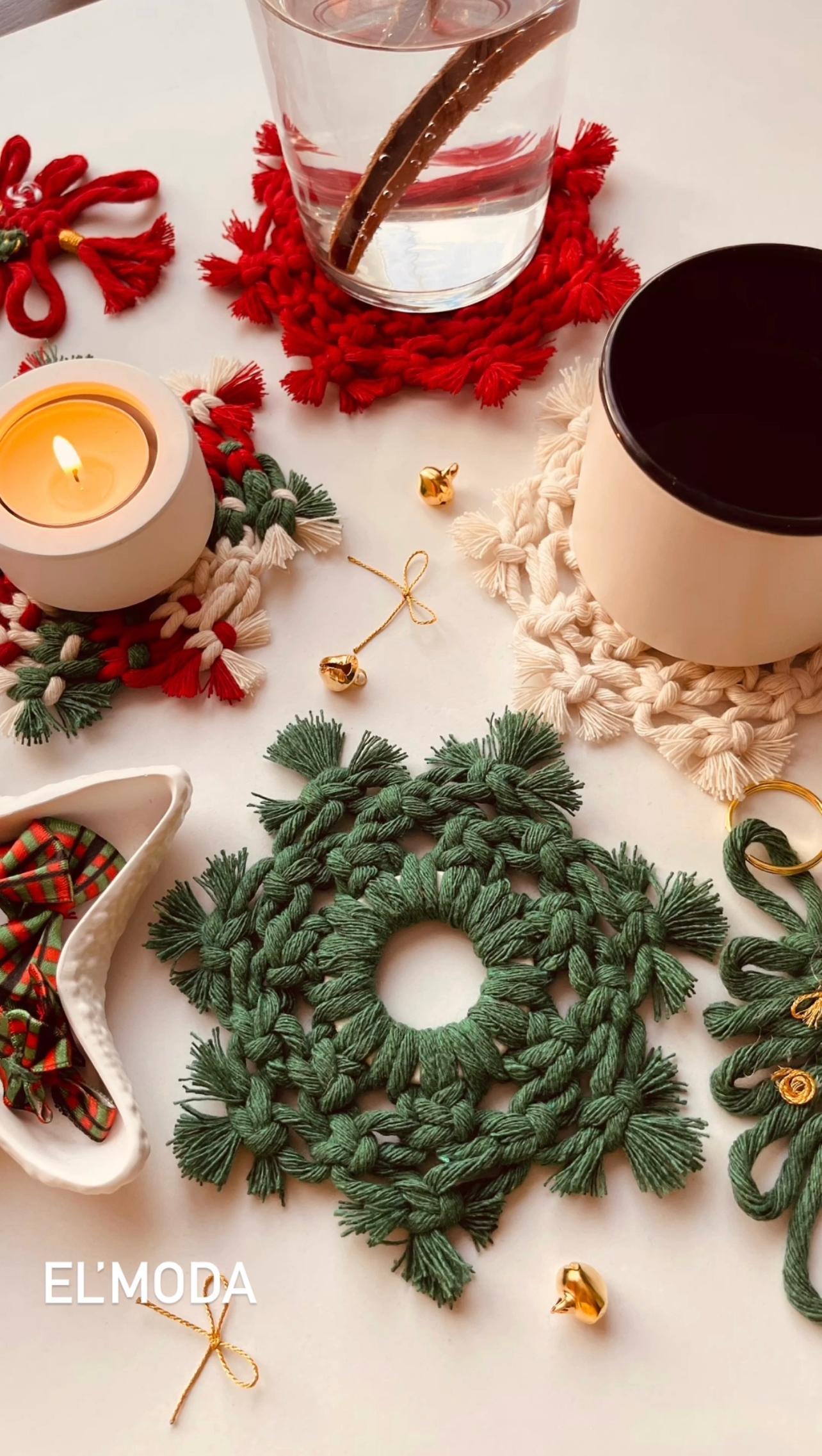 Yılbaşı Temalı El Yapımı Makrome Kar Tanesi Bardak Altlığı  - yeşil