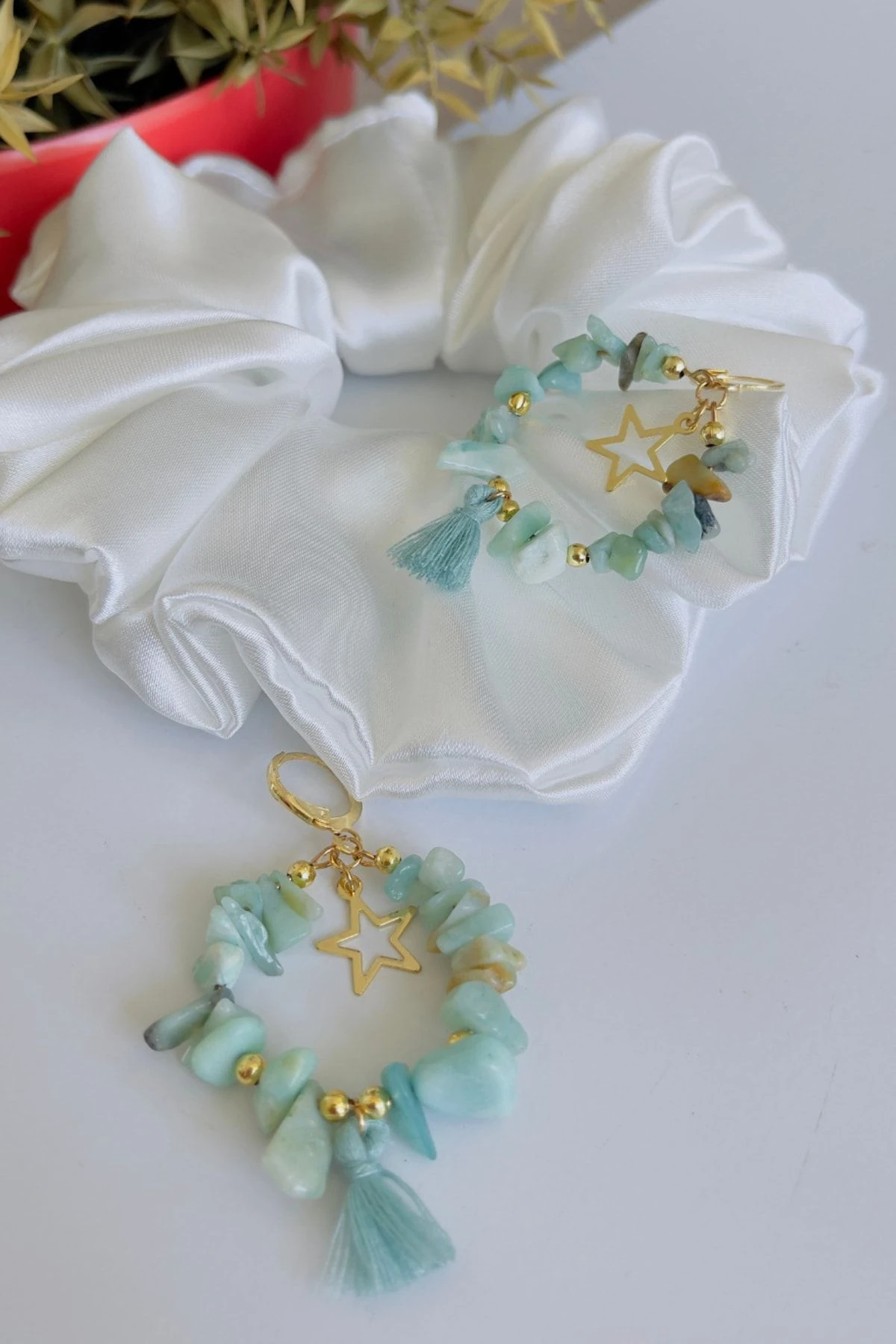 Turkuaz Taş Yıldız Detaylı Püsküllü Küpe