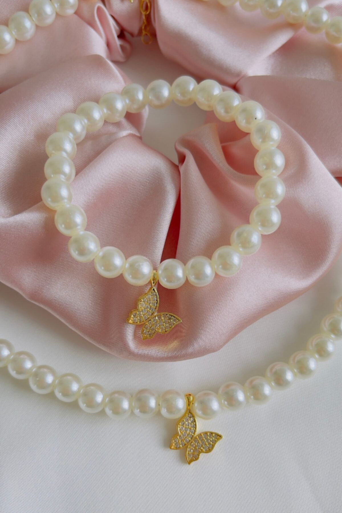 Kaplama Kelebekli Inci Kolye Bileklik Takımı