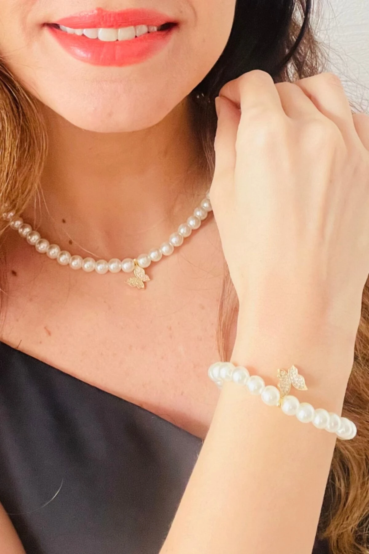 Kaplama Kelebekli Inci Kolye Bileklik Takımı