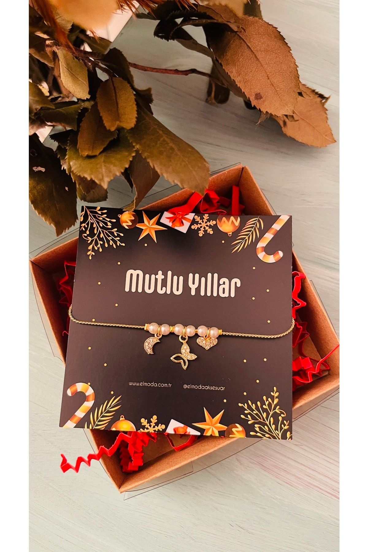 Yılbaşı Hediyesi - Şans Bilekliği - Zirkon Taşlı Kelebek, Ay Ve Kalp Sembollü Incili Bileklik