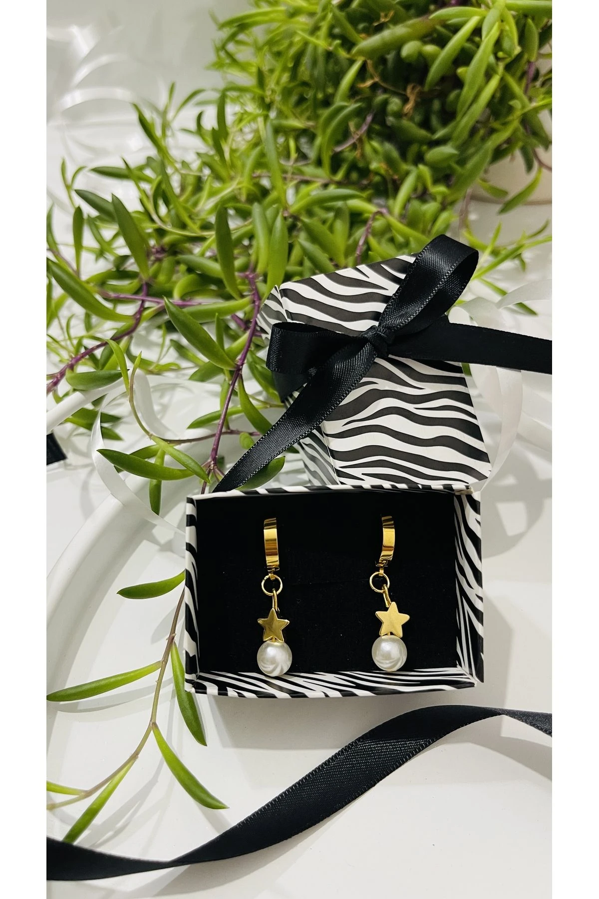 Altın Kaplama Incili Yıldız Küpe - Hediyelik Küpe