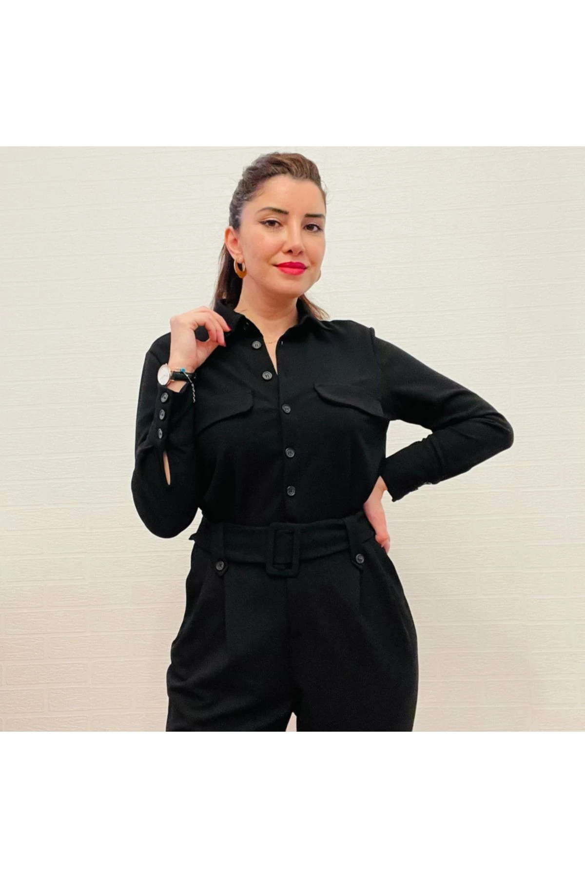 Kemerli Siyah Tulum - Hotfashion