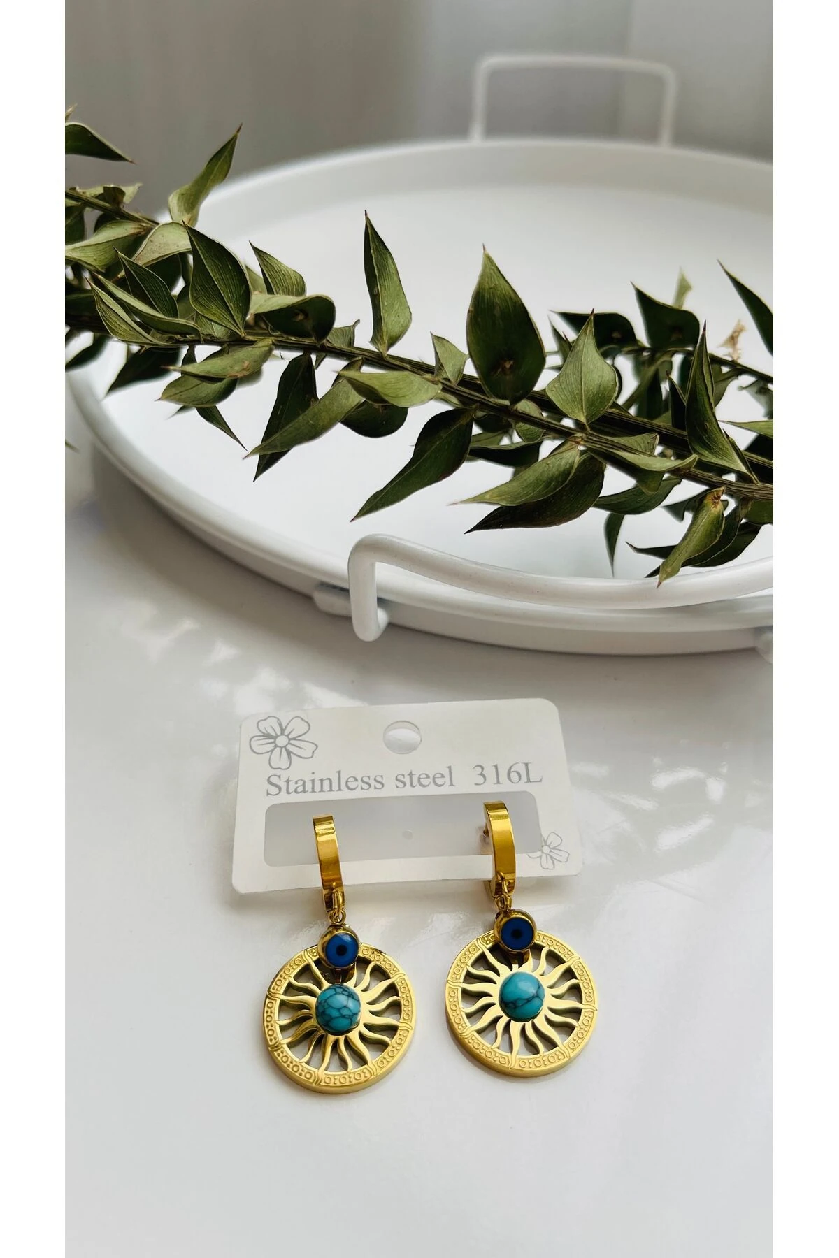 Mavi Taşlı Güneş ve Nazar Boncuklu Çelik Küpe