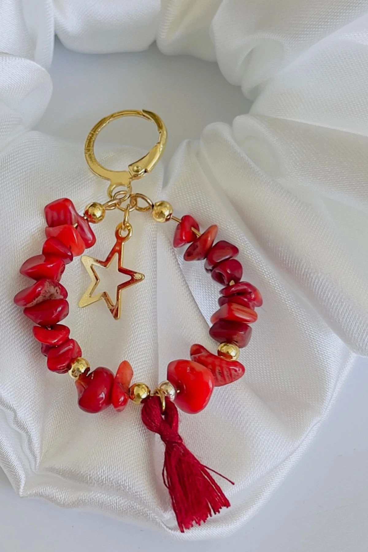 Kiremit Rengi Taşlı Yıldız Detaylı Püsküllü Küpe