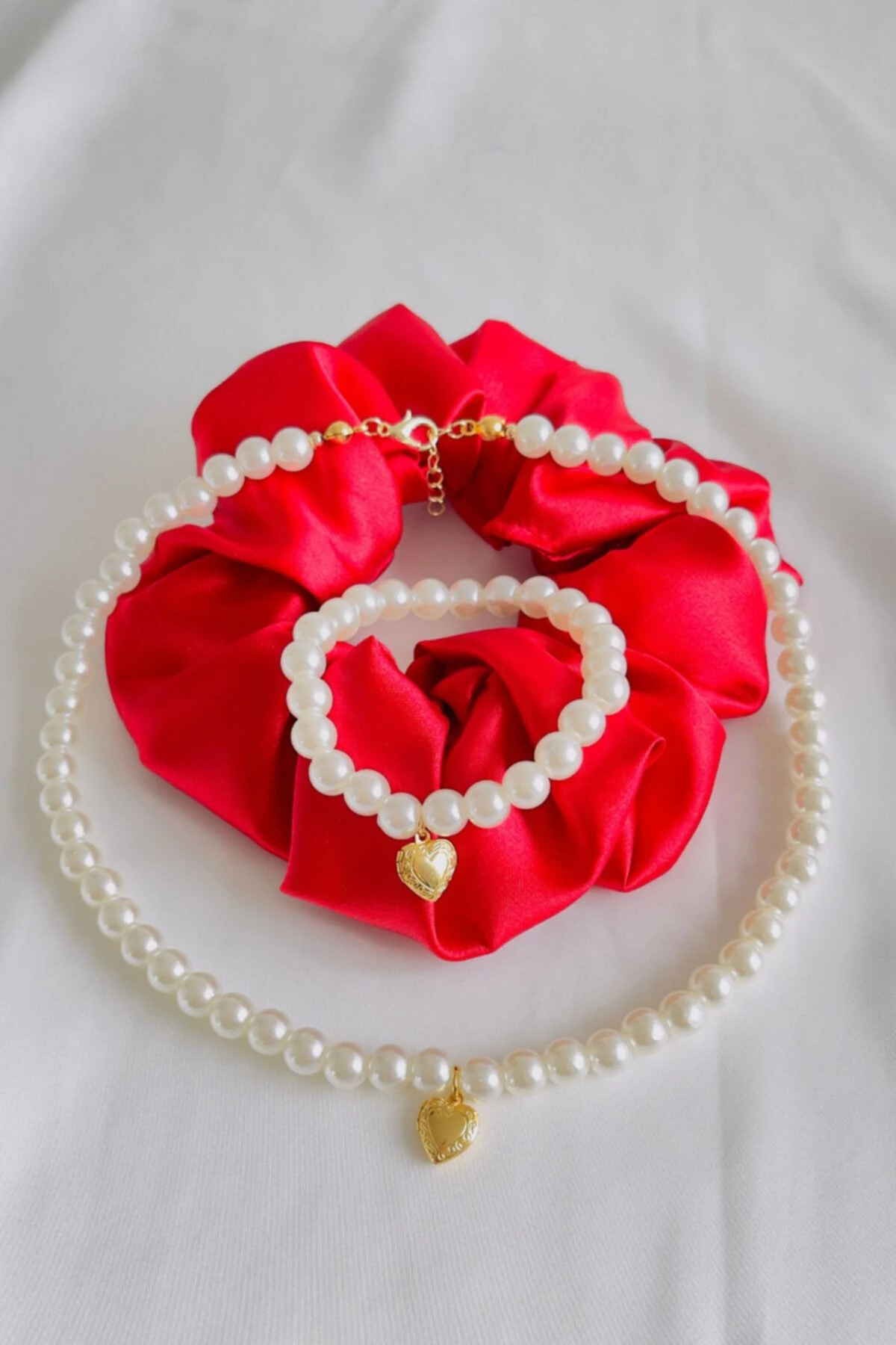 Altın Kaplama Açılır Kalpli Inci Kolye Bileklik Takımı