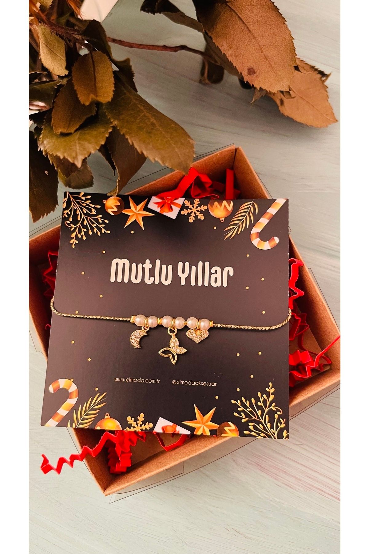 Yılbaşı Hediyesi - Şans Bilekliği - Zirkon Taşlı Kelebek, Ay Ve Kalp Sembollü Incili Bileklik