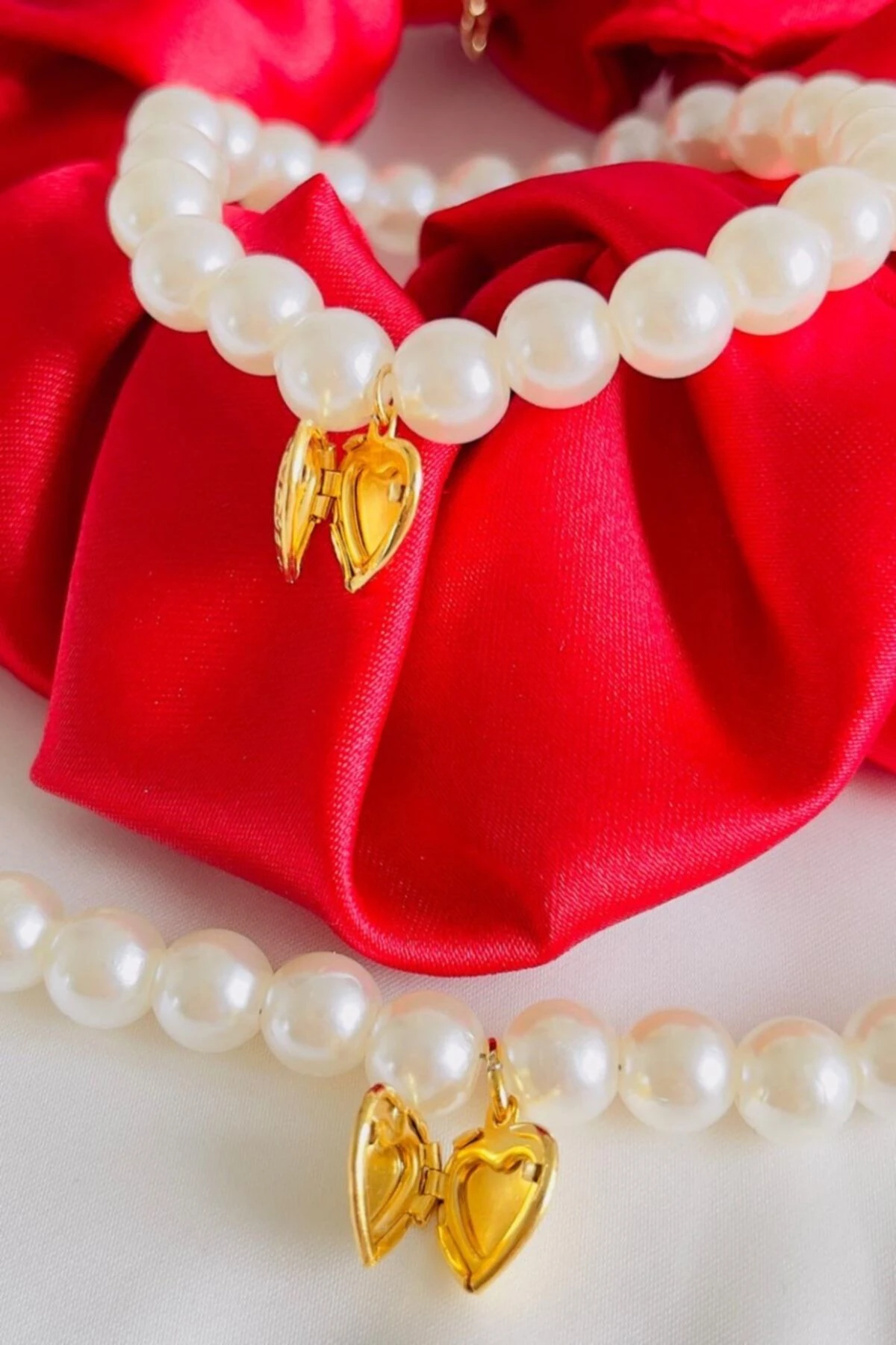 Altın Kaplama Açılır Kalpli Inci Kolye Bileklik Takımı