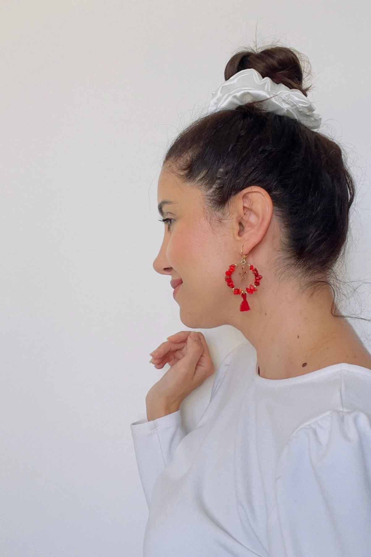 Kiremit Rengi Taşlı Yıldız Detaylı Püsküllü Küpe