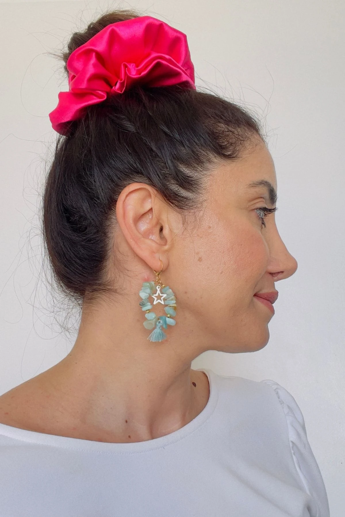 Turkuaz Taş Yıldız Detaylı Püsküllü Küpe