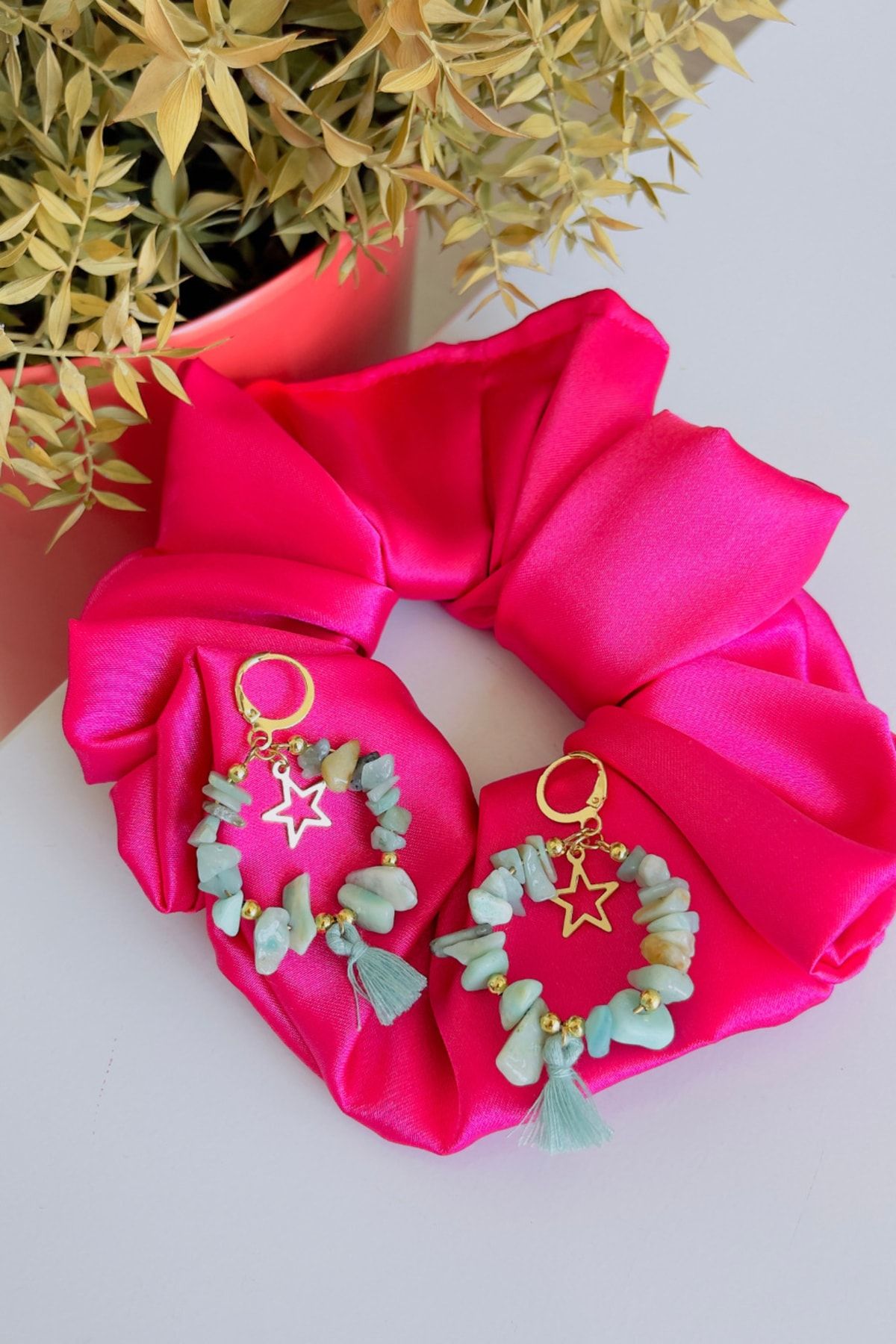 Turkuaz Taş Yıldız Detaylı Püsküllü Küpe