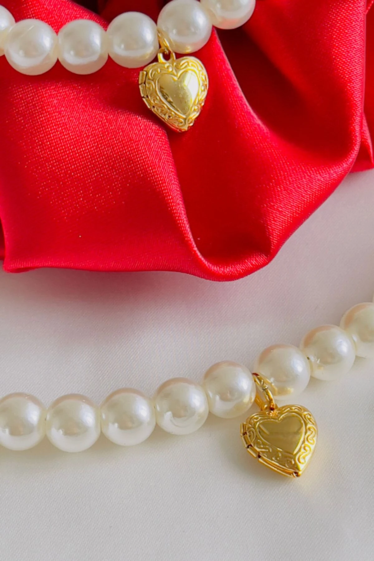 Altın Kaplama Açılır Kalpli Inci Kolye Bileklik Takımı